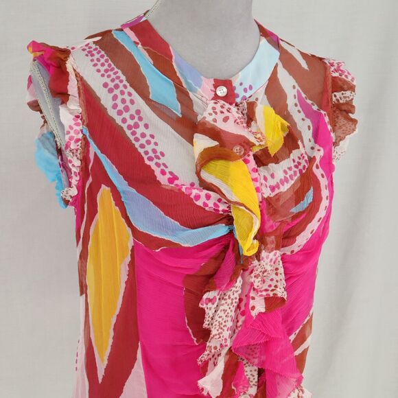 Diane Von Furstenberg Top Womens 10 Pink Yellow Silk Blouse Chiffon Ruffle Front - Picture 7 of 16